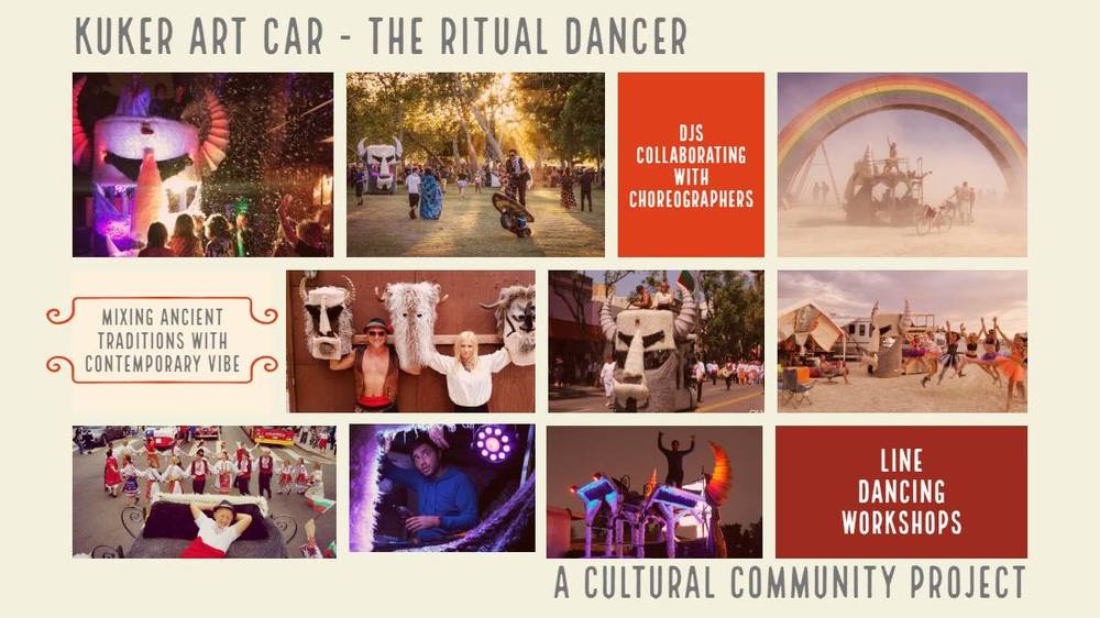 Collage of Kuker 1.0, The Ritual Dancer: the first art car at Burning Man, in a street parade, at festivals, and with DJs and dancers