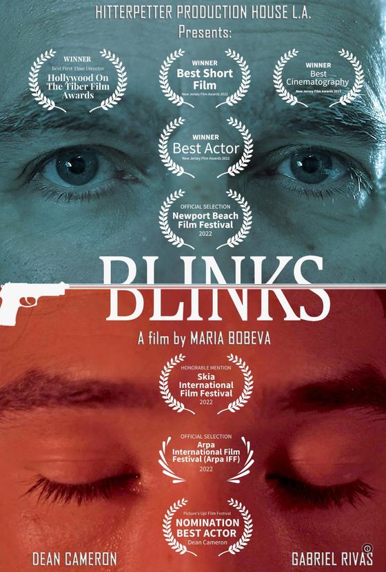 Blinks poster: split image of an older man's open eyes and a teenager's closed eyes, with festival laurels
